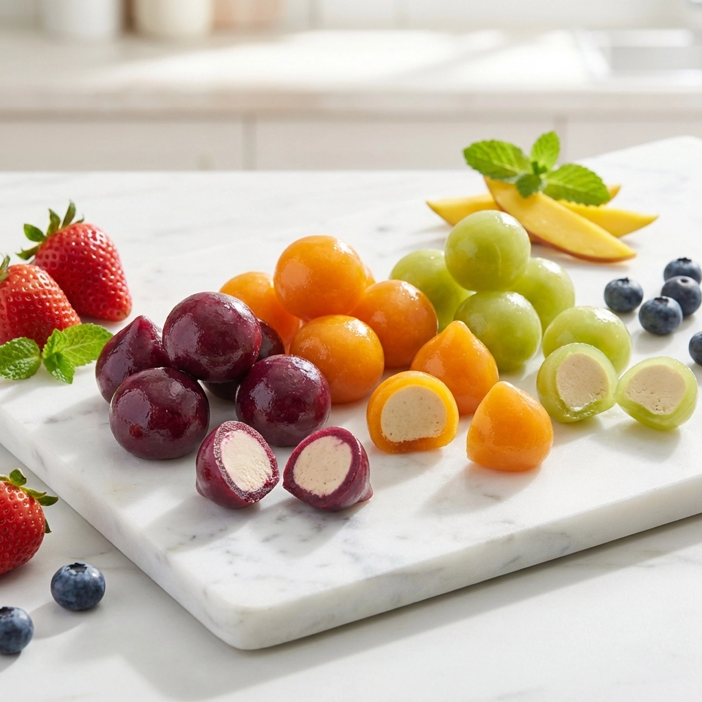 Assorted bite-sized fruit snacks with protein centers, highlighting innovation in healthy food and beverage trends.