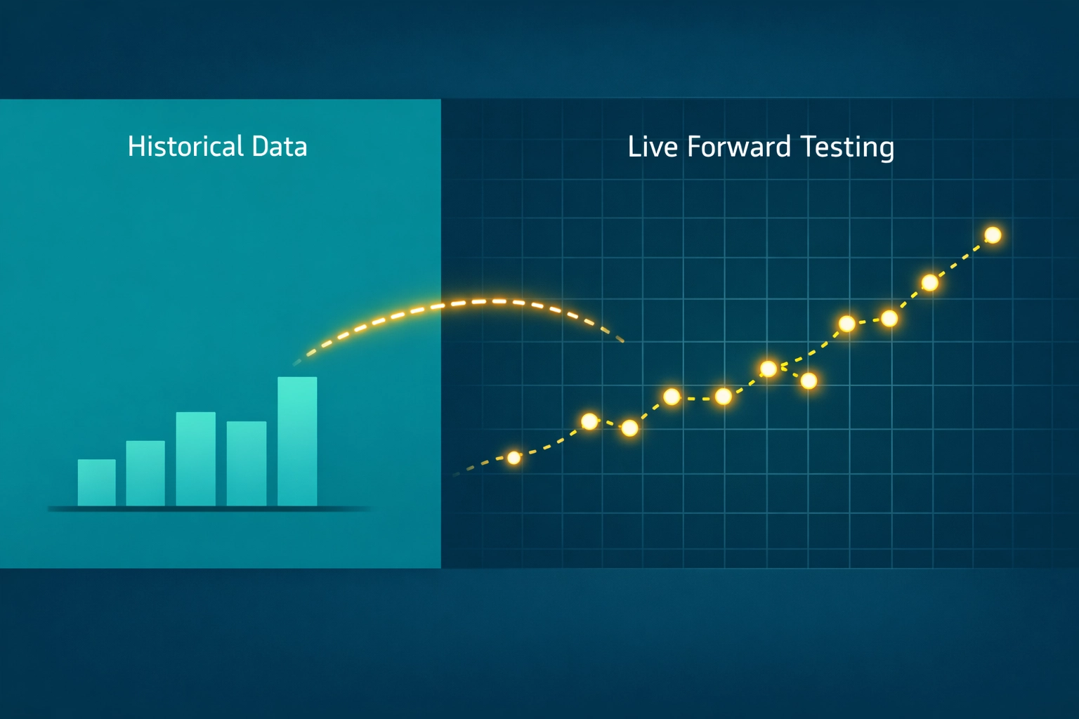 Process diagram showing the transition from historical data backtesting to live forward testing in betting.