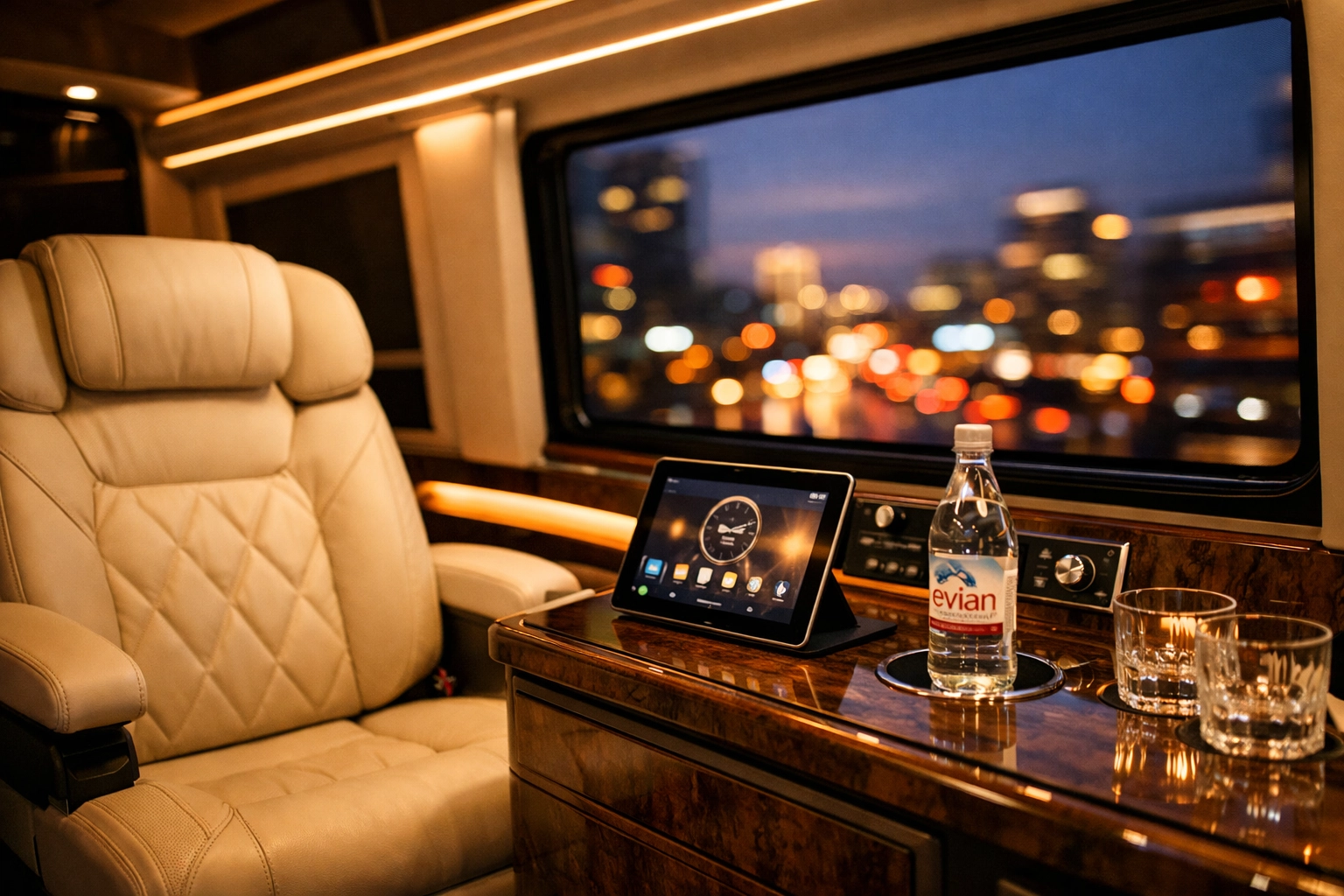 Interior of a luxury executive sprinter van providing a private mobile office for busy CEOs.