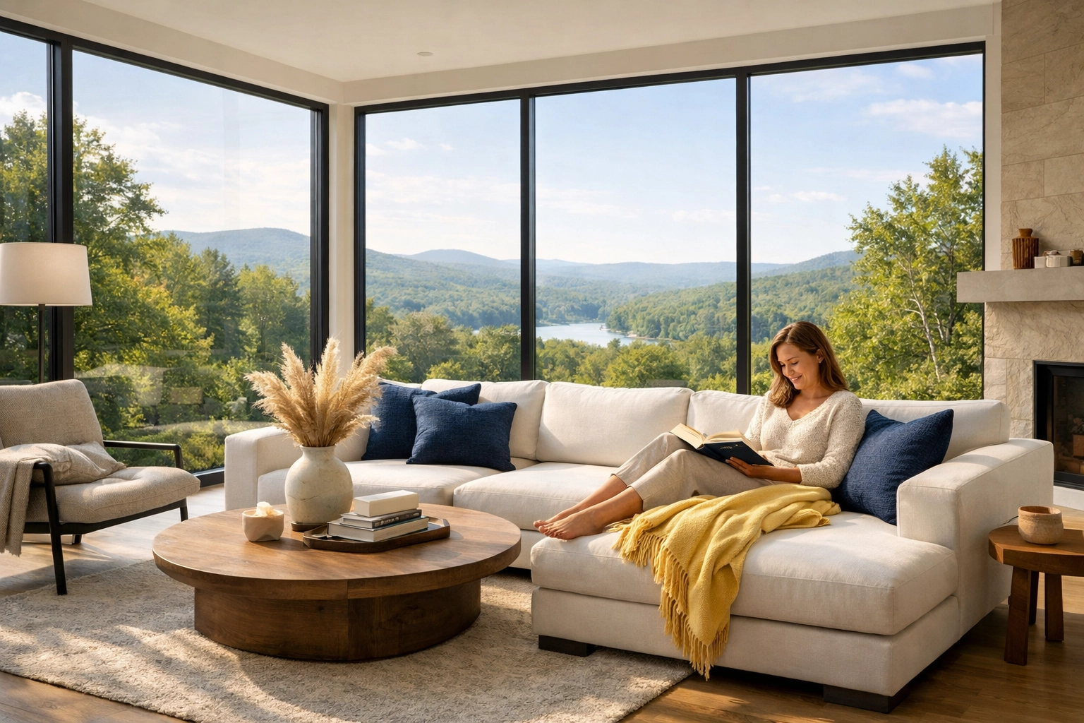 A homeowner relaxes in a spotless living room thanks to professional house cleaning in Lincoln, MA.