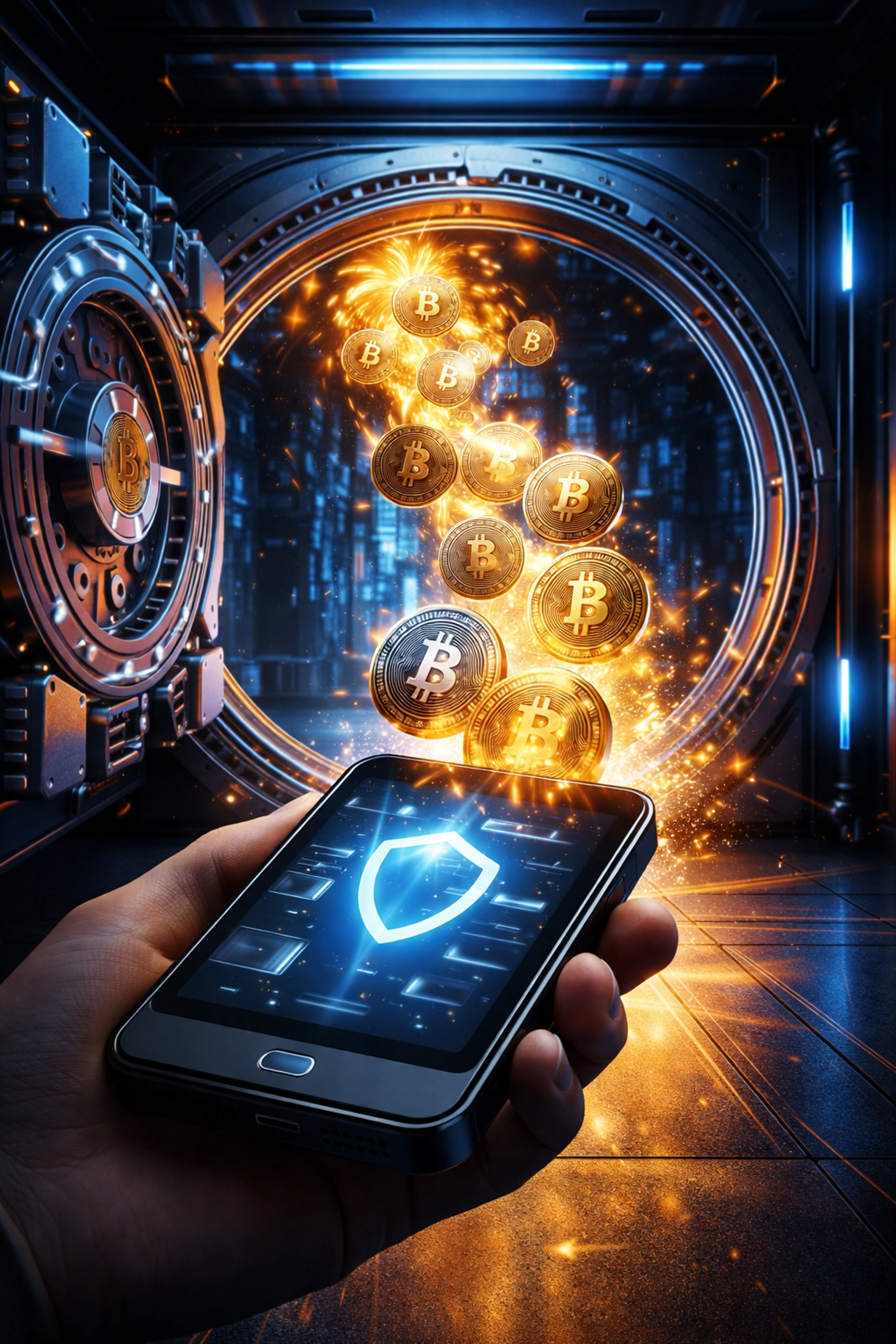 Cryptocurrency coins flowing directly into a digital wallet, highlighting Larecoin's self-custody payment system for merchants