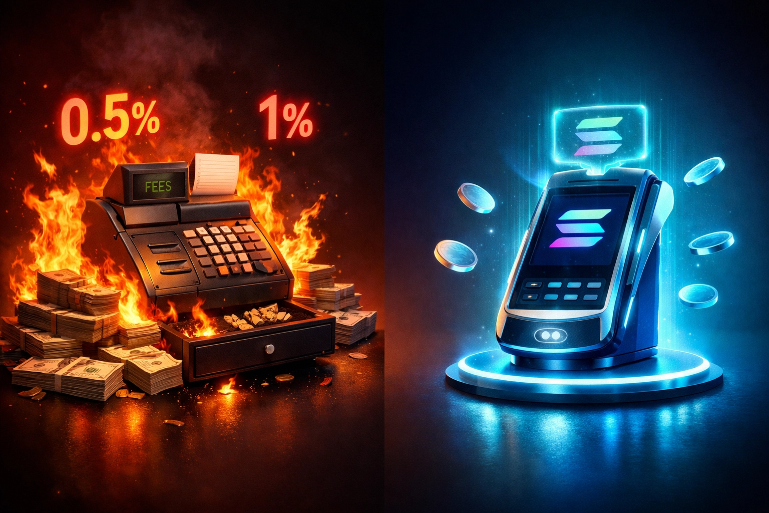 Traditional payment fees burning cash versus low-cost Solana crypto POS system