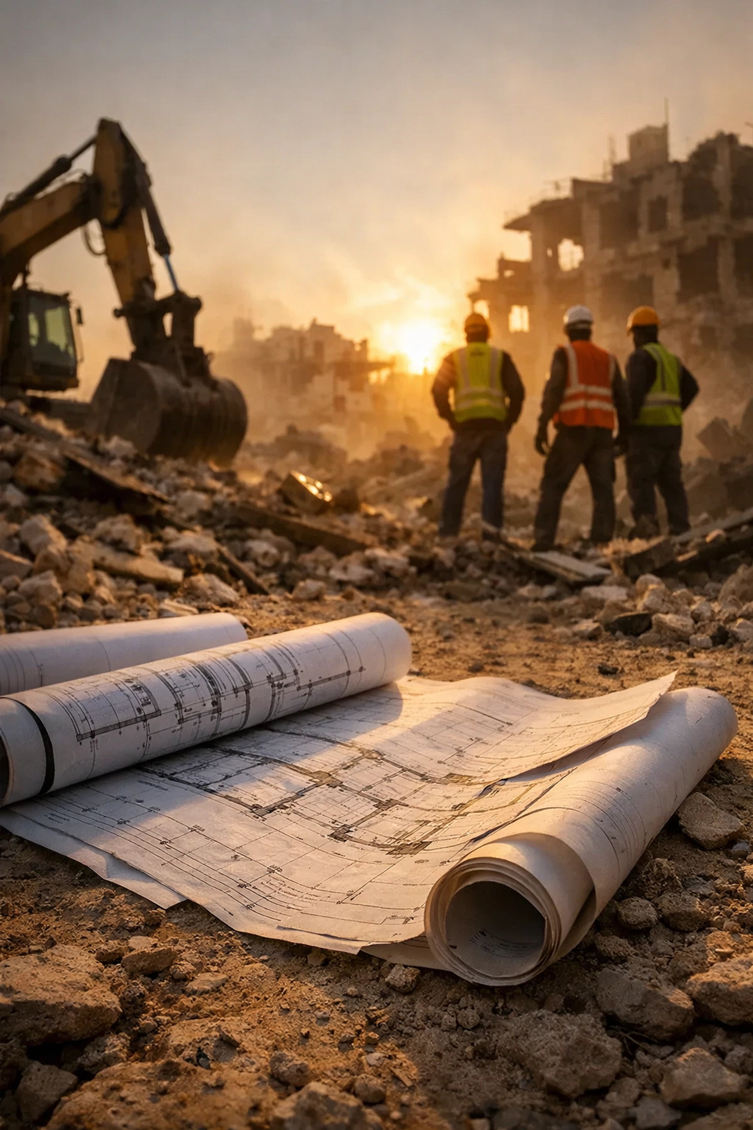 Gaza reconstruction site with blueprints and workers surveying post-war rebuilding efforts