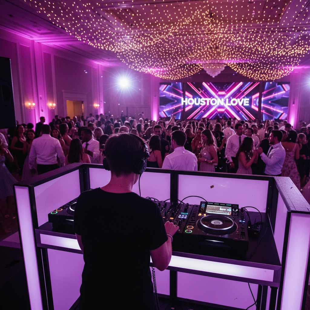 DJ playing at a lively party with a dancing crowd under twinkling lights. "HOUSTON LOVE" displayed on a vibrant screen. Mood is festive.