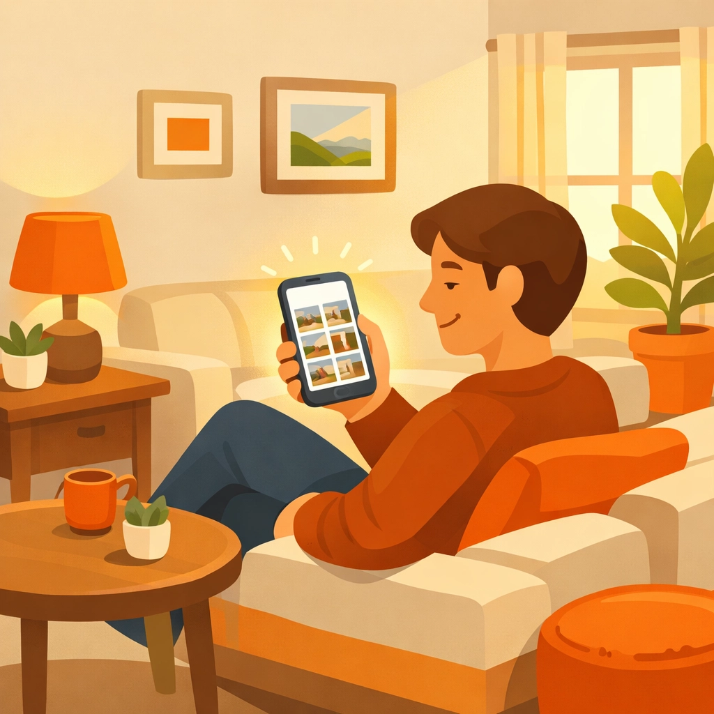 Homeowner viewing a professional before and after photo timeline on their smartphone.