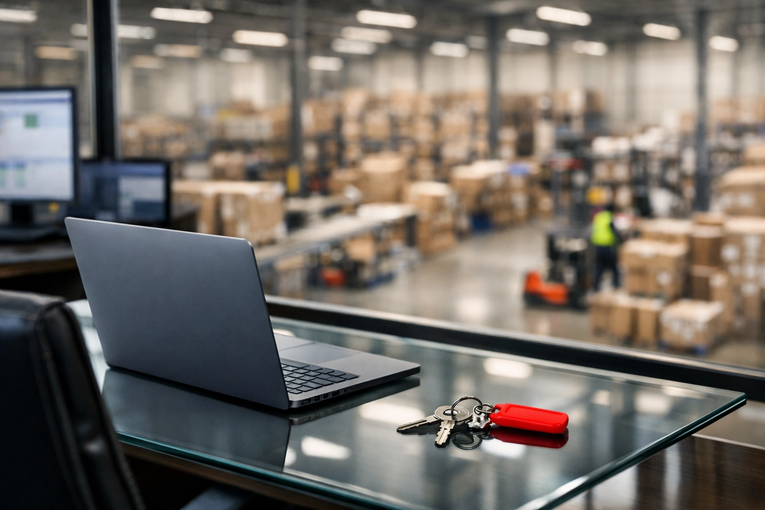 Logistics management office view of a professional warehouse and fulfilment floor.