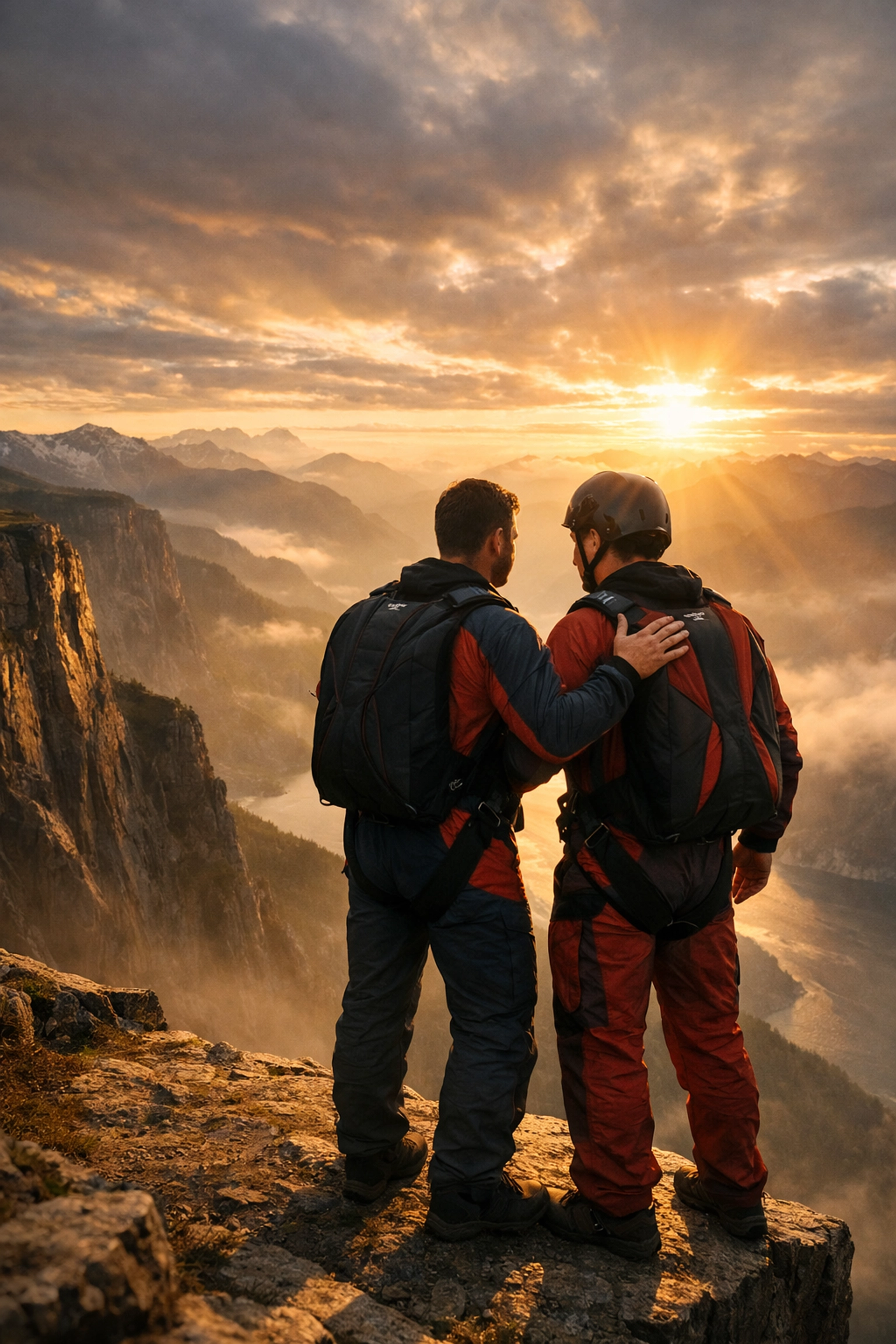 Two gay BASE jumpers supporting each other at cliff edge, showing courage in extreme sports
