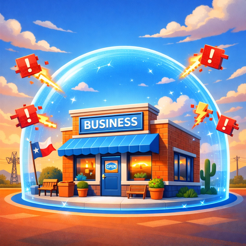 Texas small business storefront protected by a digital shield symbolizing cyber liability insurance coverage.
