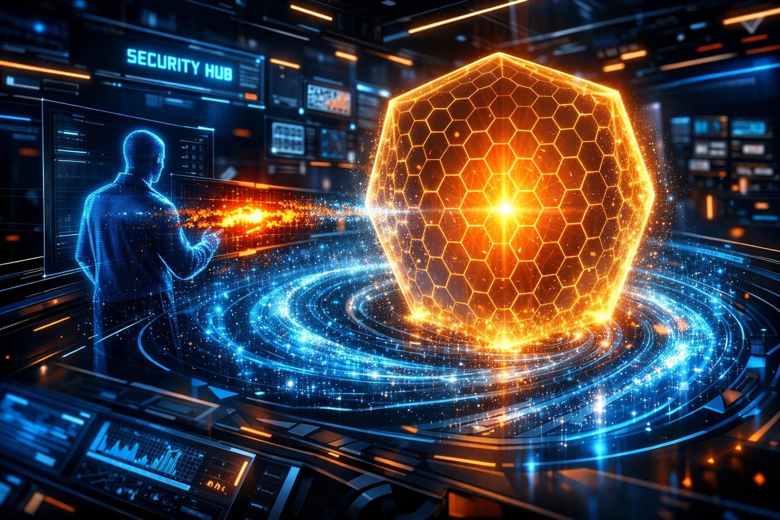 AI security interface analyzing on-chain behavior in a metaverse storefront to prevent fraud.