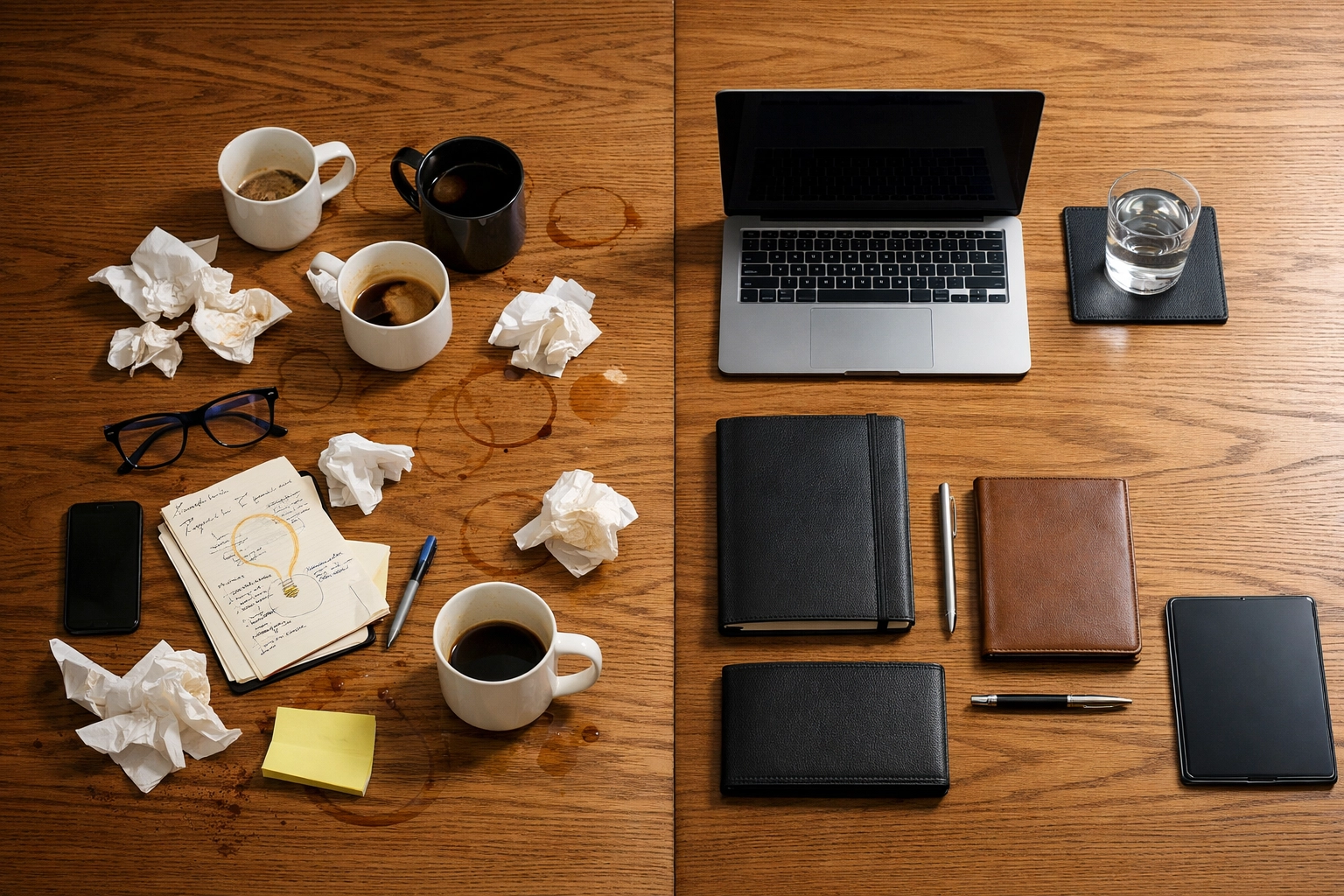 A boardroom table split between messy clutter and organized professional HR structure.