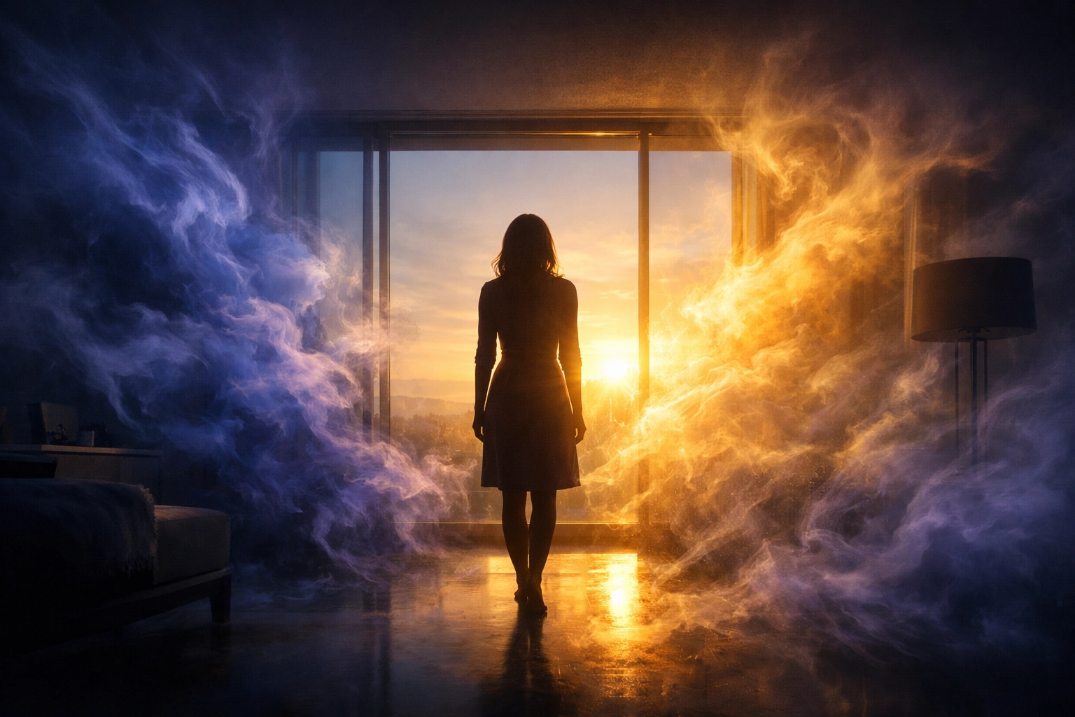 A woman finding clarity and relief from perimenopause symptoms like brain fog and anxiety at sunrise.