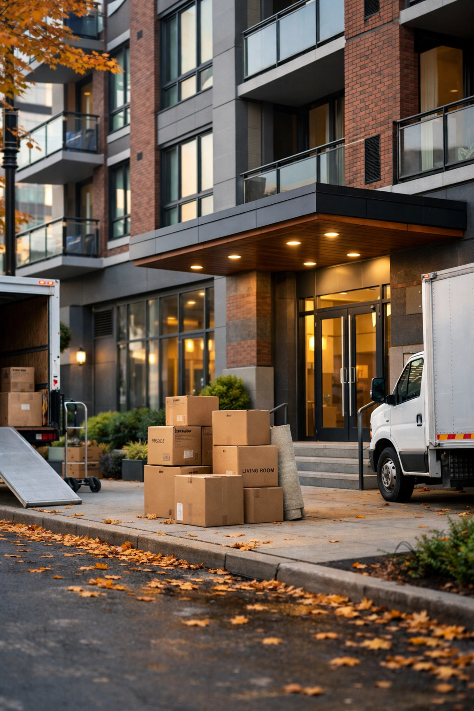 Apartment building with moving trucks during high-volume move-in season in Northeast market