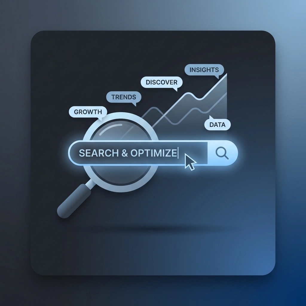 Magnifying glass over a search bar with rising graphs, representing SEO strategies and keyword research for affiliate marketing.