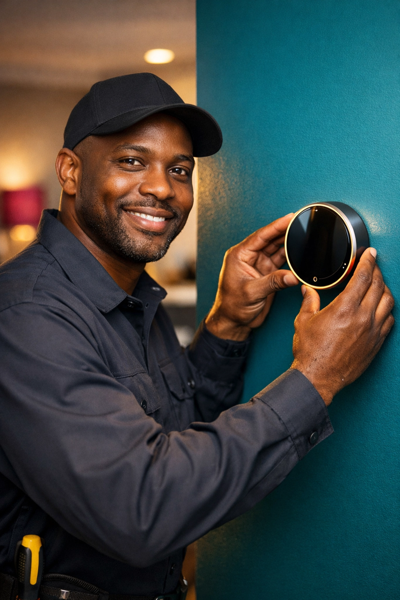 Professional electrician installing a smart thermostat in a Gwinnett residence for improved efficiency.