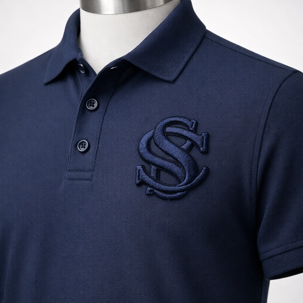 Close-up of premium navy blue custom embroidered polos showing professional branding for managers.