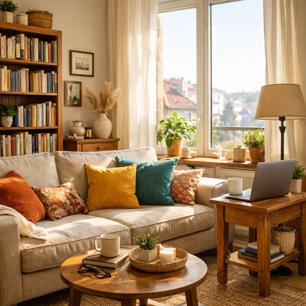 Sunlit living room showcasing personal belongings protected by renters insurance in New Jersey.