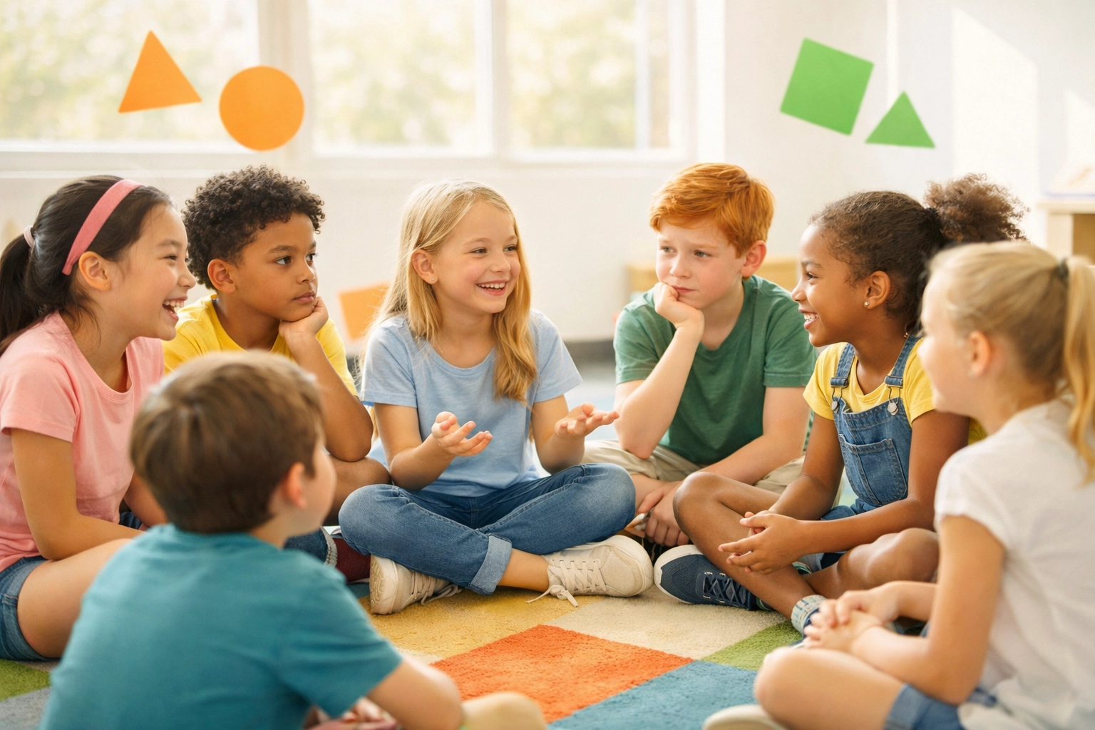 Children sitting in circle discussing emotions and building emotional intelligence skills