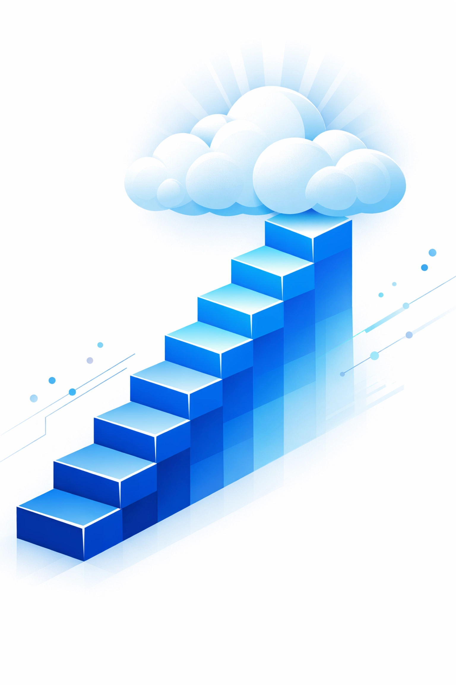 Data blocks forming a staircase toward a cloud to represent scalable and cost-effective business data growth
