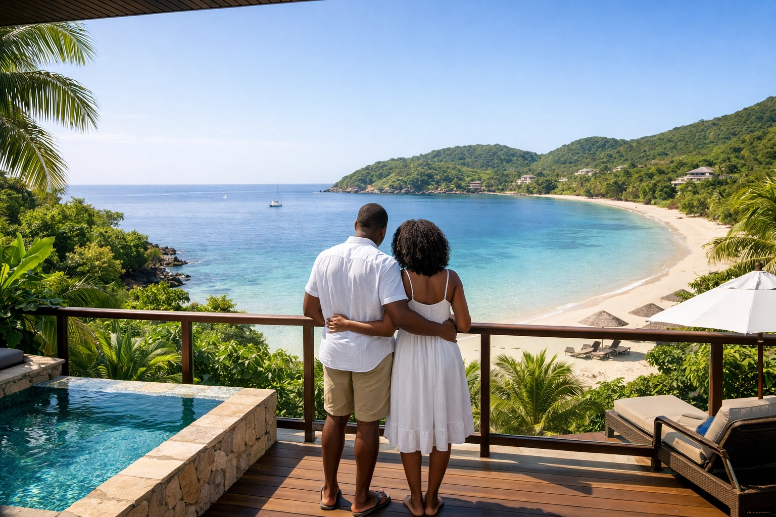 Couple on a luxury resort balcony overlooking a beach, planned by an Omaha travel agent.