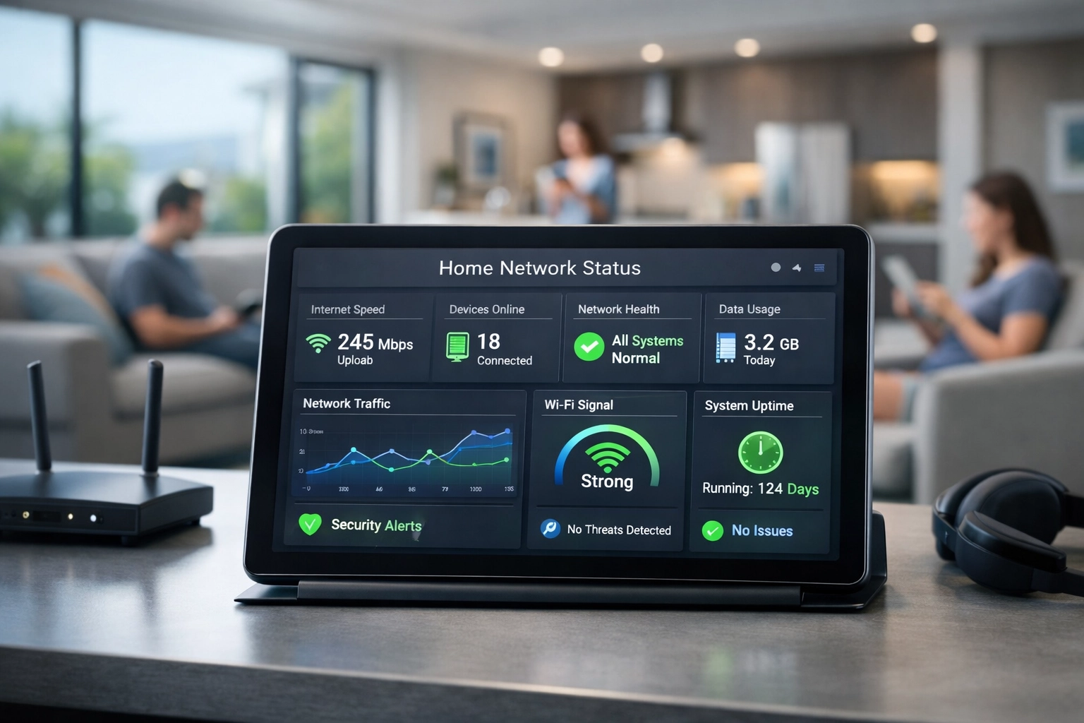 24/7 network monitoring dashboard showing proactive managed WiFi system for luxury villa
