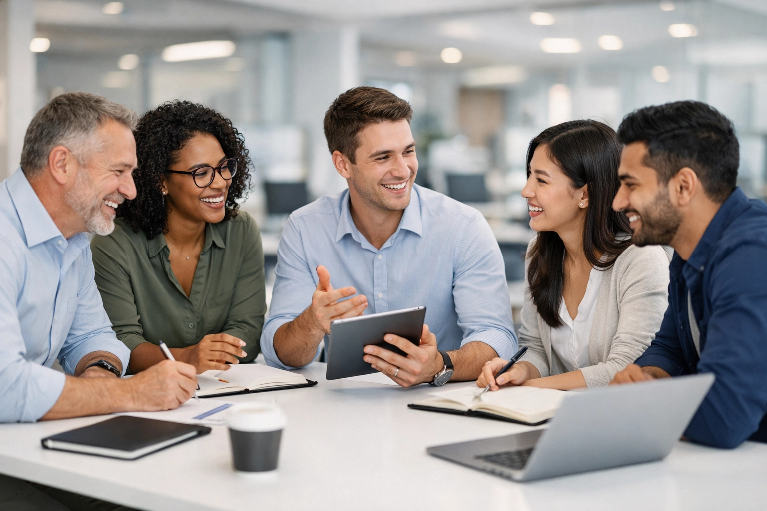 Diverse team of employees collaborating during a stable Mississippi business transition process.