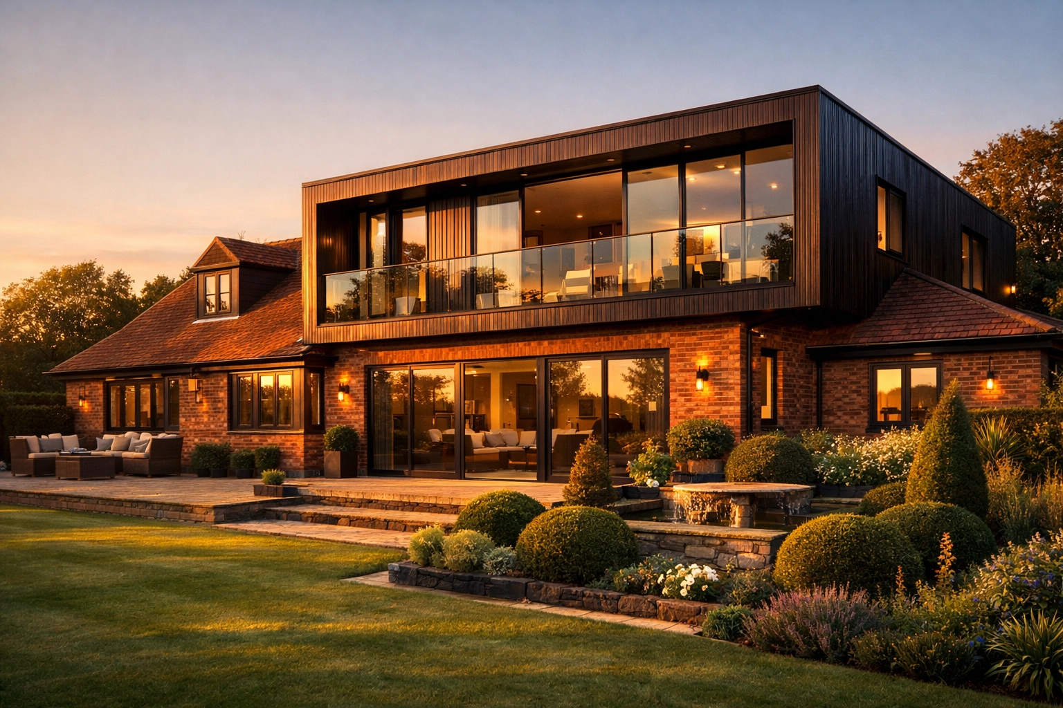 Modern second-floor extension on a West Sussex bungalow with charred-timber cladding and floor-to-ceiling windows.