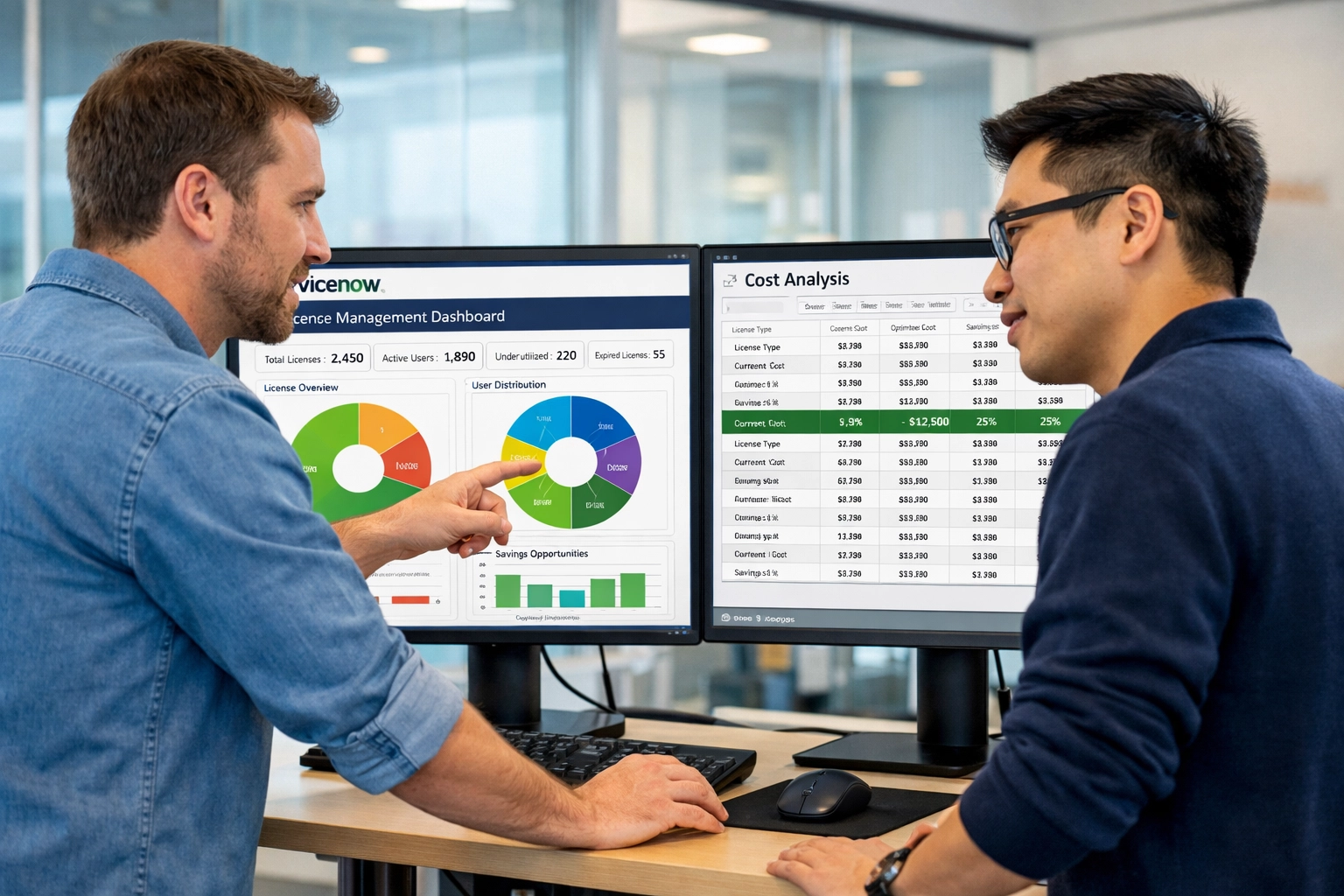 IT professionals analyzing ServiceNow license management dashboard and ROI cost metrics