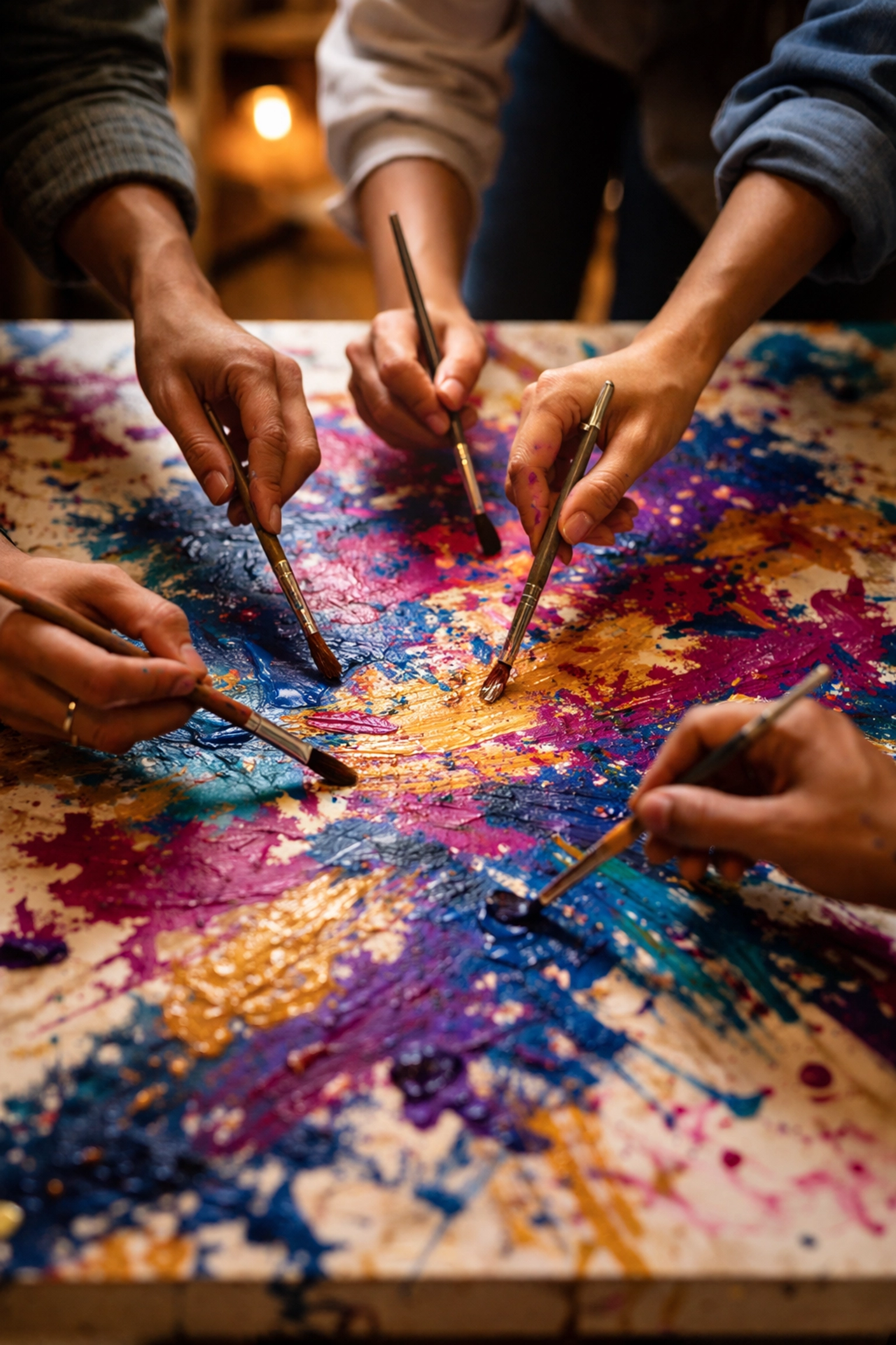 Hands collaborating on abstract art during a Chicago corporate team building workshop