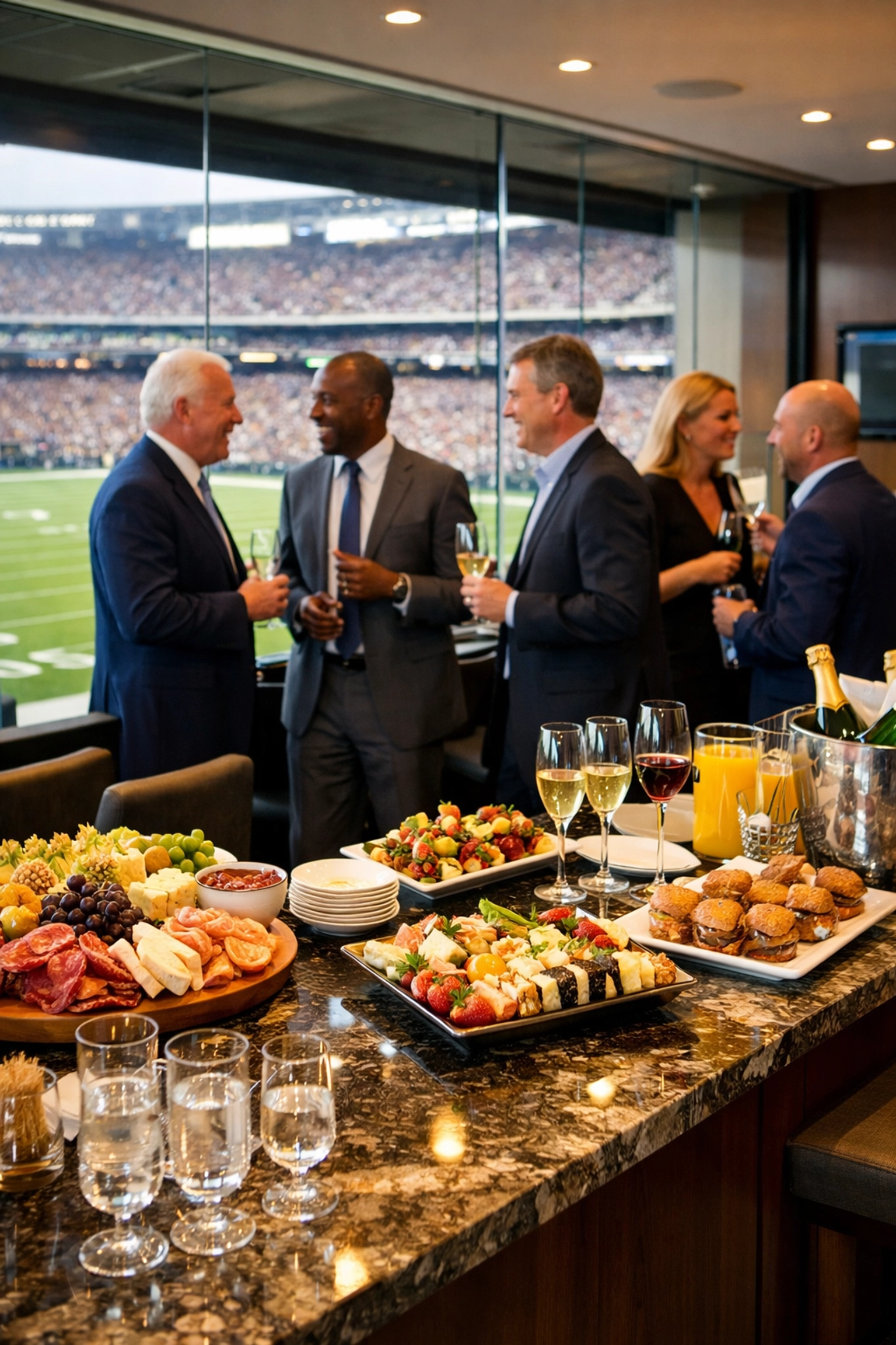 Corporate hospitality and high-level networking inside a luxury Super Bowl stadium suite.