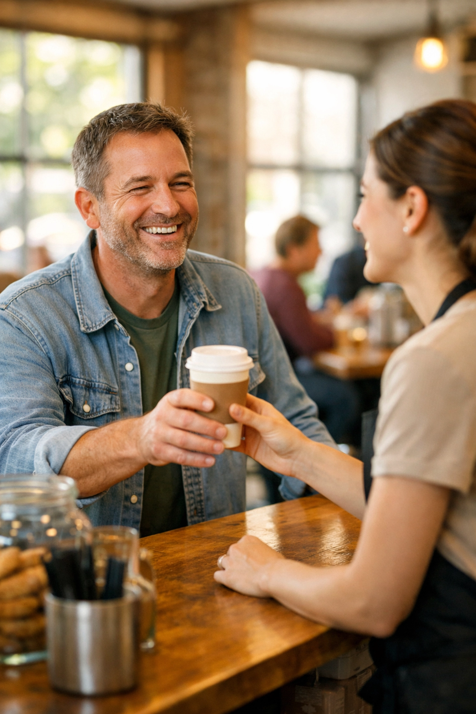 Happy customer receiving specialty coffee order building café loyalty