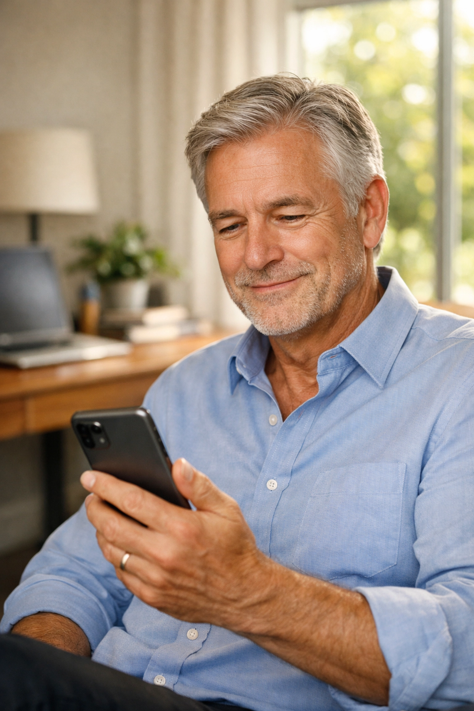 Confident retiree using a smartphone in a home office, representing advanced multi-pillar retirement income strategies.