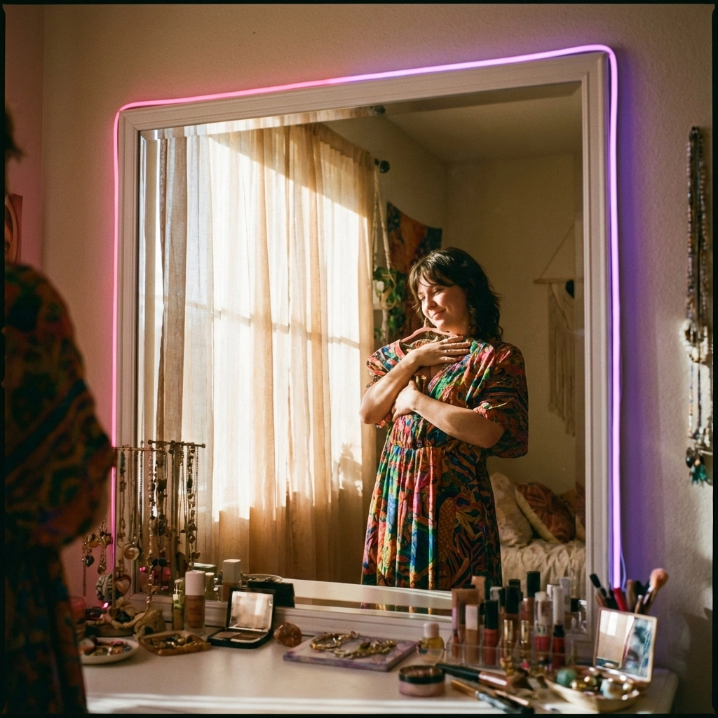 A crossdresser smiling at their reflection while holding a colorful dress, embracing self-expression and identity discovery.