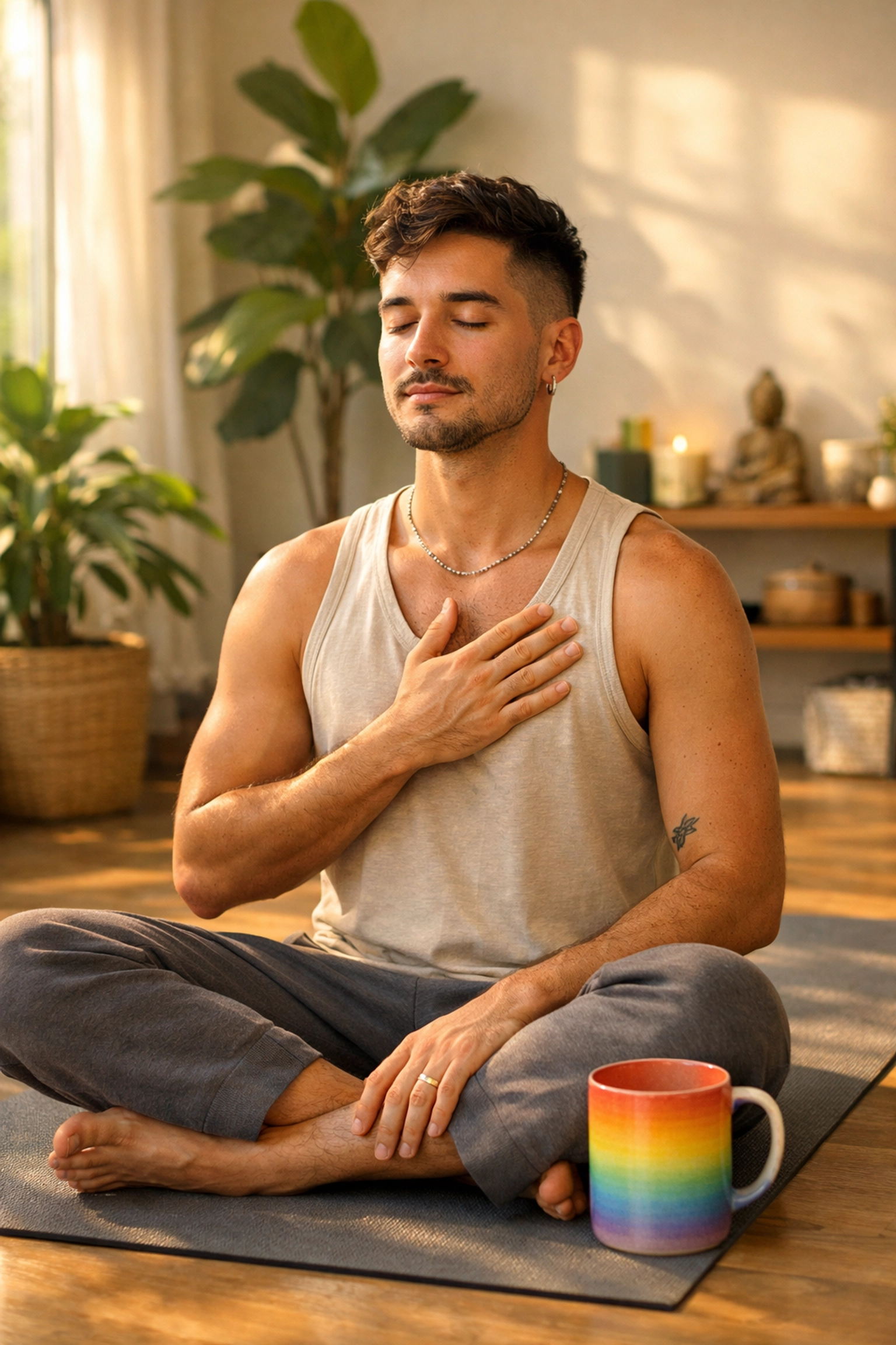 A queer man practicing a morning grounding ritual as part of a daily queer healing self-care routine.