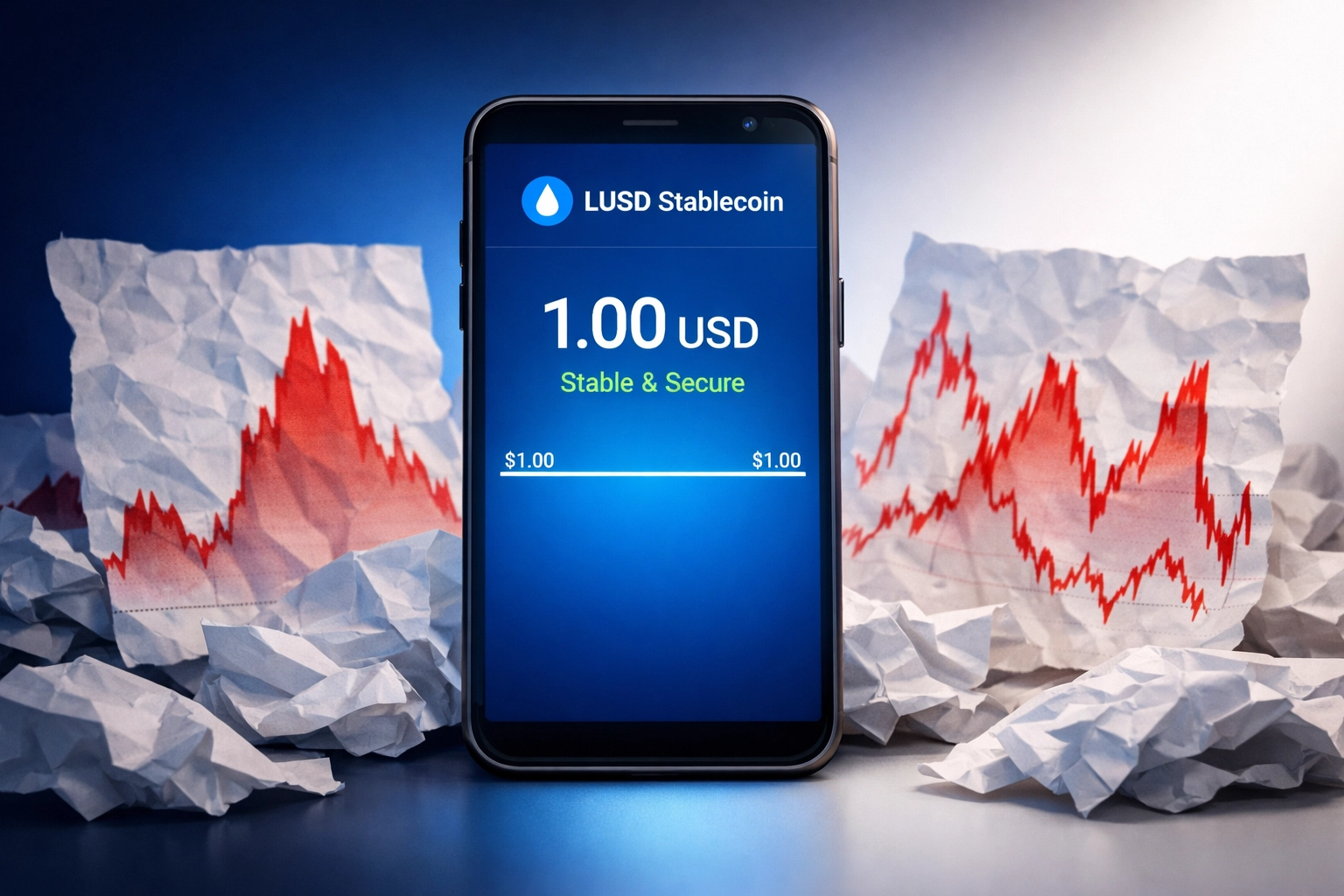 LUSD stablecoin interface showing flat price stability compared to volatile cryptocurrency charts