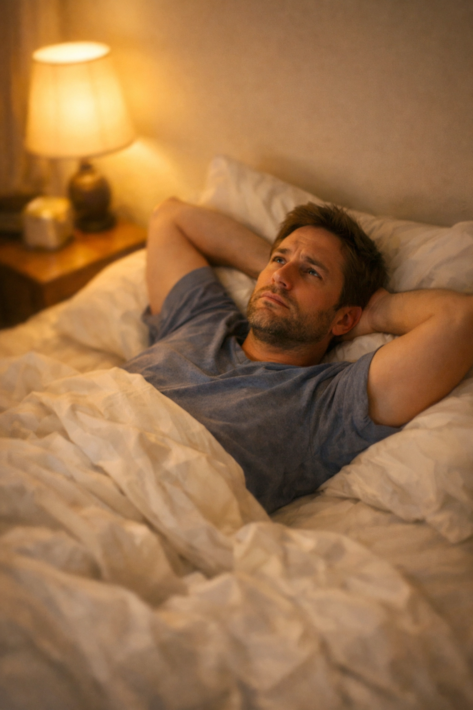 Férfi ébren fekszik az ágyban aggódva, káros szokások hatása a merevedésre