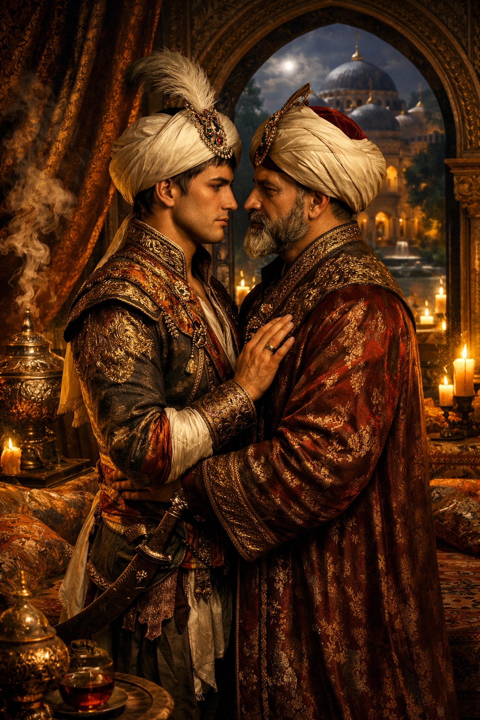 Ottoman sultan and ghilman in intimate moment within palace chamber