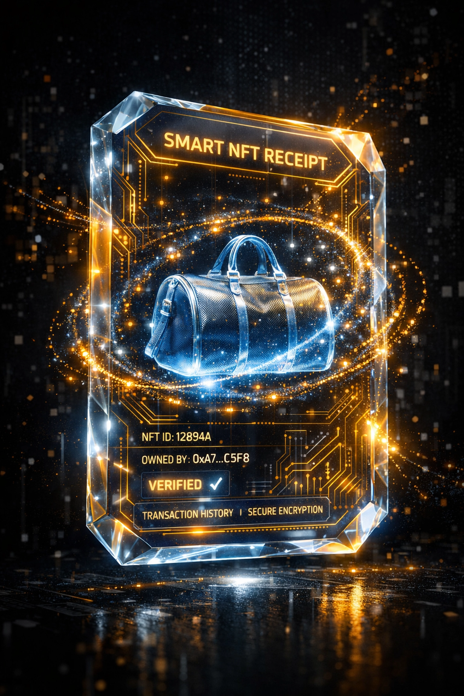 AI-powered NFT receipt showcasing secure Web3 digital identity and on-chain ownership of assets.