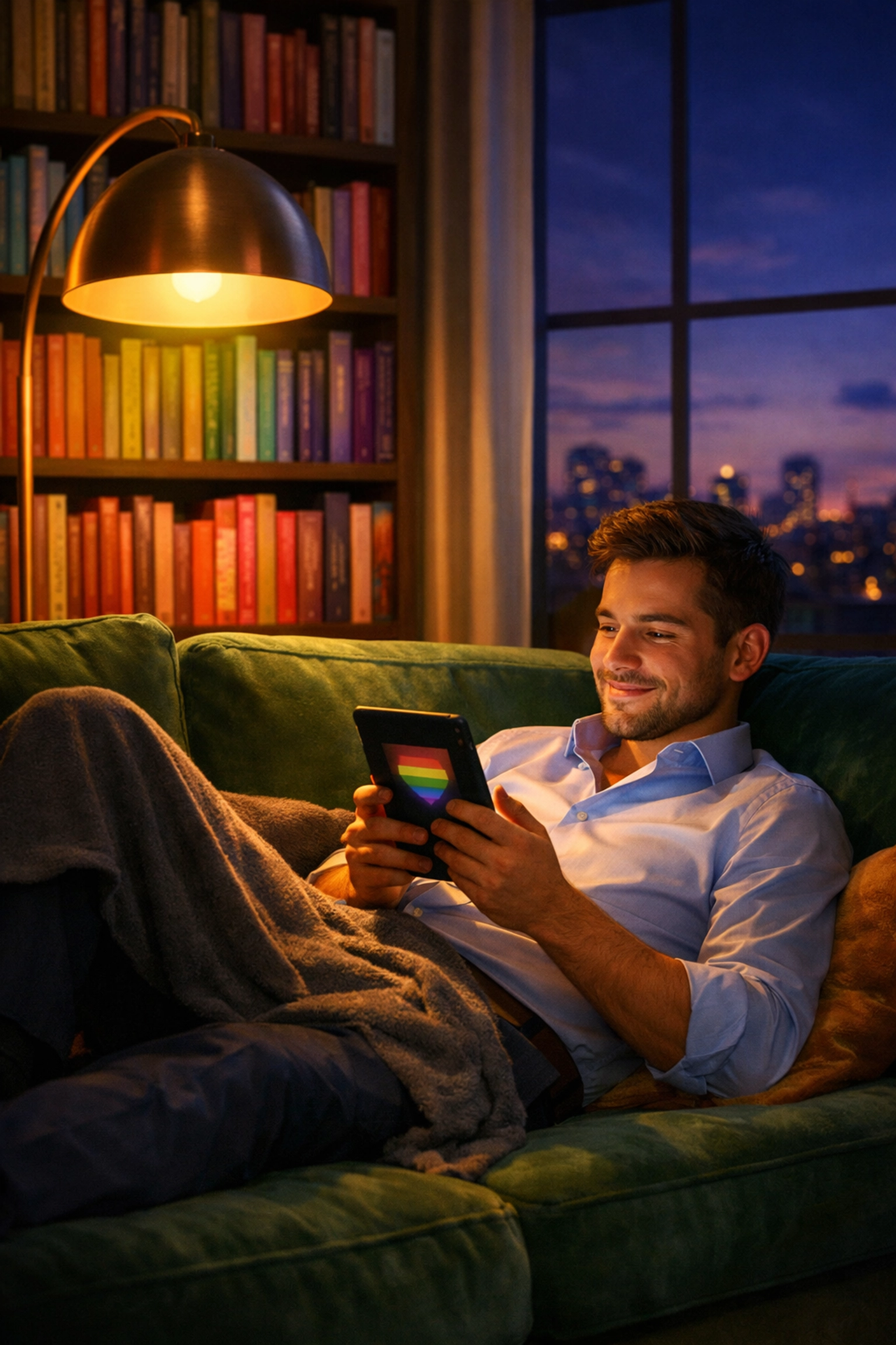 A gay man reading an LGBTQ+ ebook for self-care after a long day in the professional education field.
