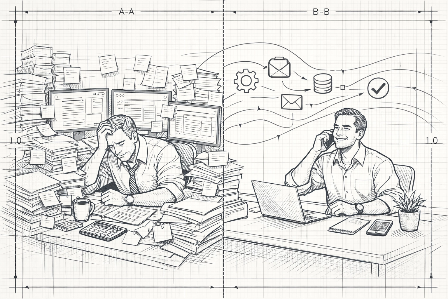 Sales rep overwhelmed with manual tasks vs. streamlined workflow with sales automation