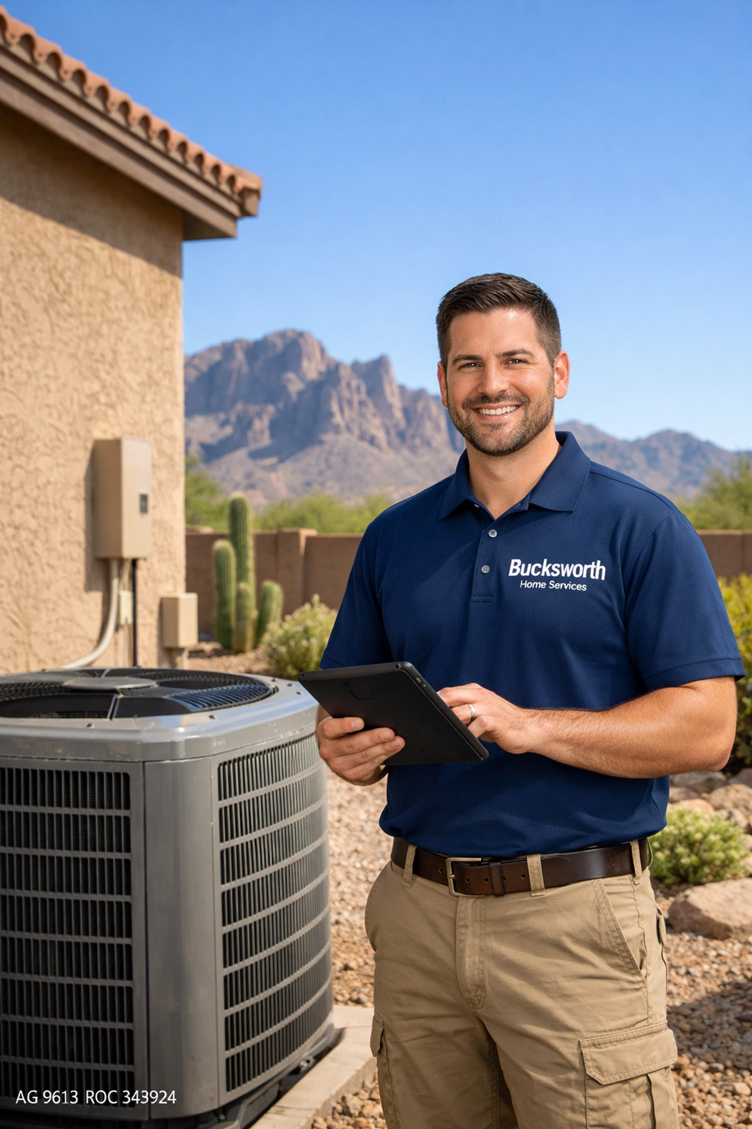 Bucksworth Home Services technician performing reliable AC maintenance in an Apache Junction backyard.