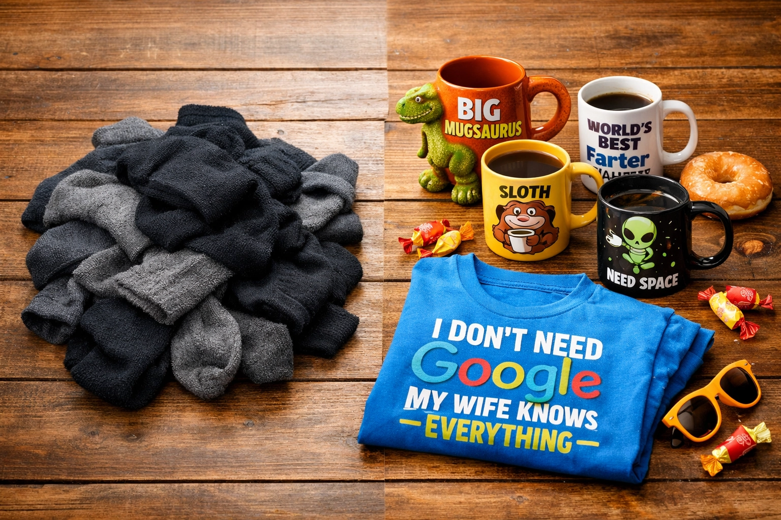 Boring socks vs colorful novelty mugs and funny t-shirts for men