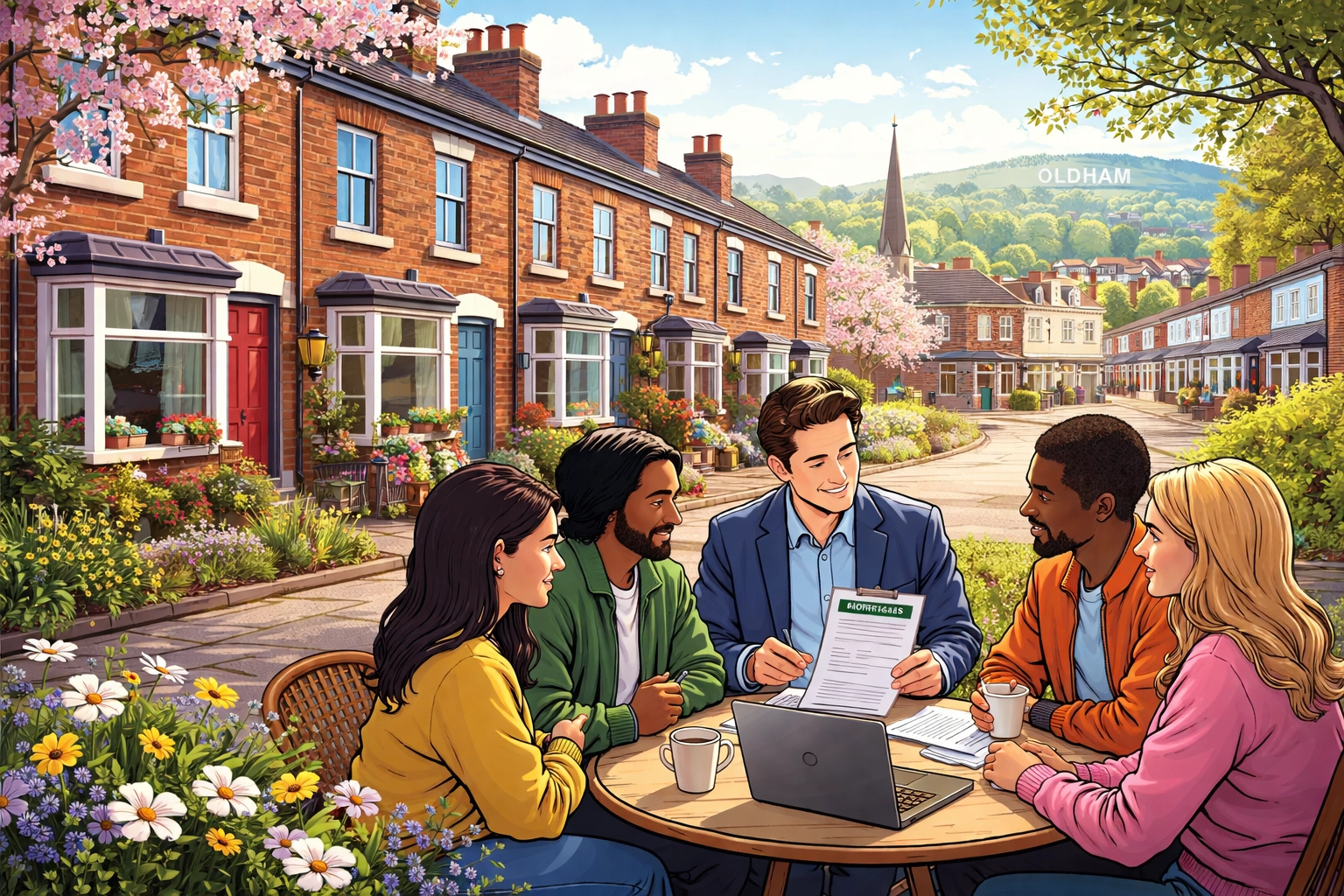 Oldham mortgage broker advising diverse homebuyers outside terraced houses on local mortgage options