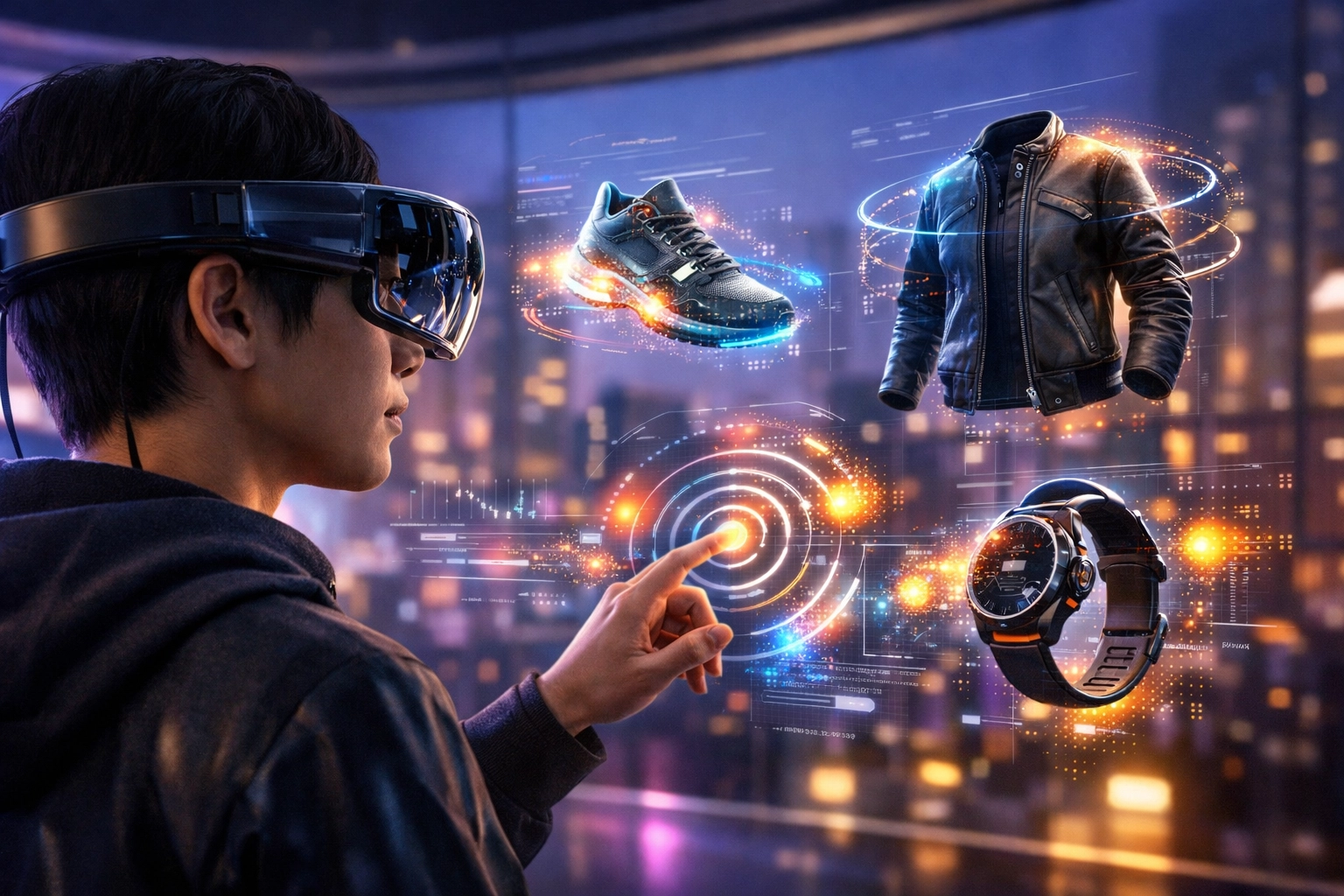 User browsing a personalized metaverse storefront with an AR headset for AI-driven crypto shopping.