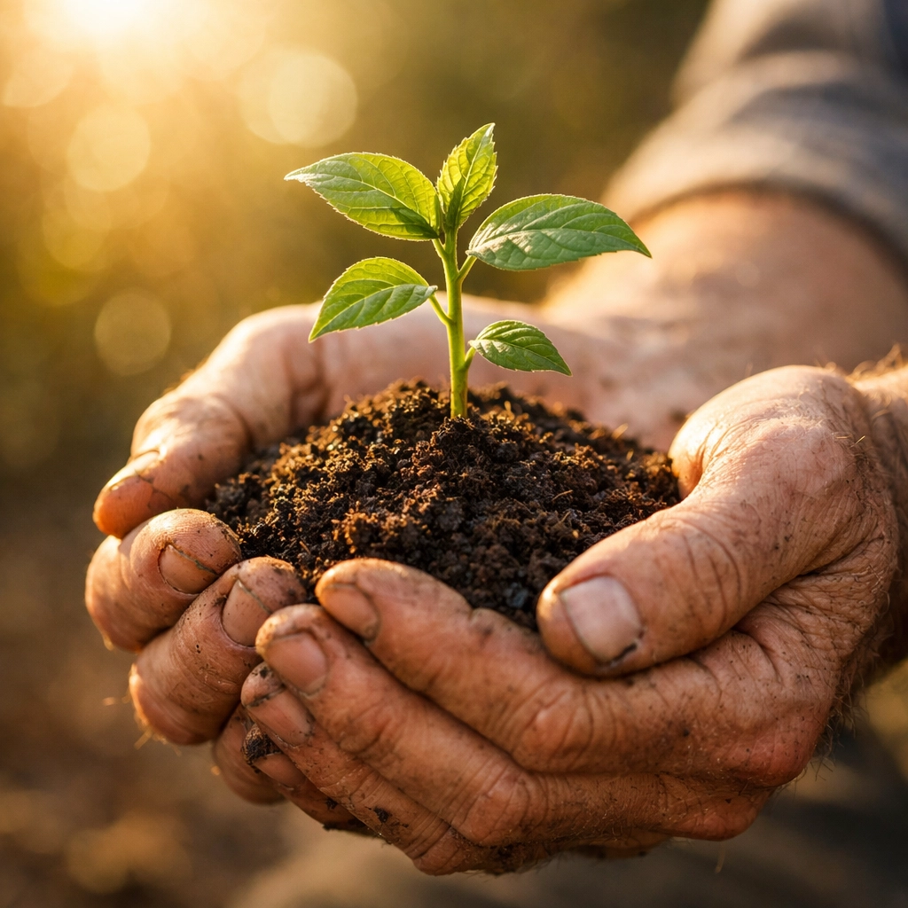 A close-up of hands cradling a growing plant, symbolizing biblical stewardship and abundance mindset.