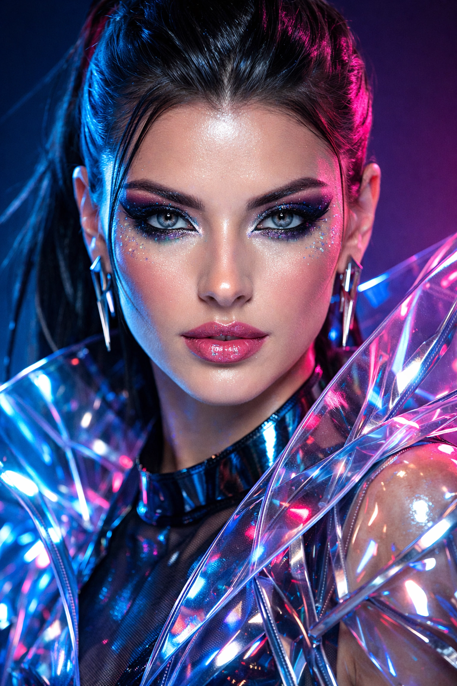 A high-fashion virtual music artist with futuristic makeup and iridescent clothing, defining a digital brand persona.