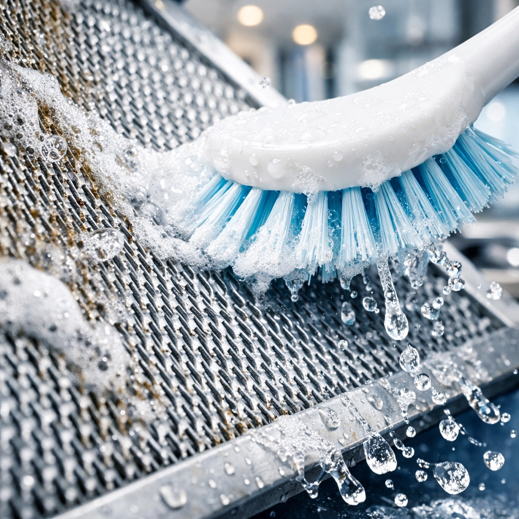 Close-up of a brush scrubbing grease and residue off a metal range hood filter mesh.