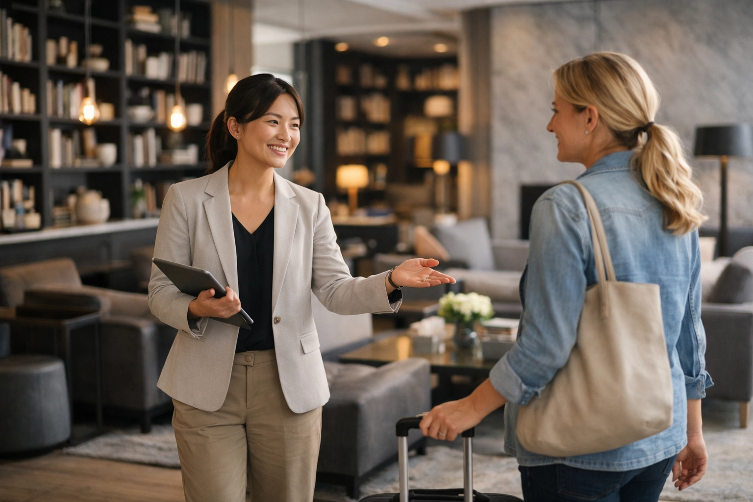 Hotel staff using a mobile PMS on a tablet to provide personalized guest service in a modern lobby.