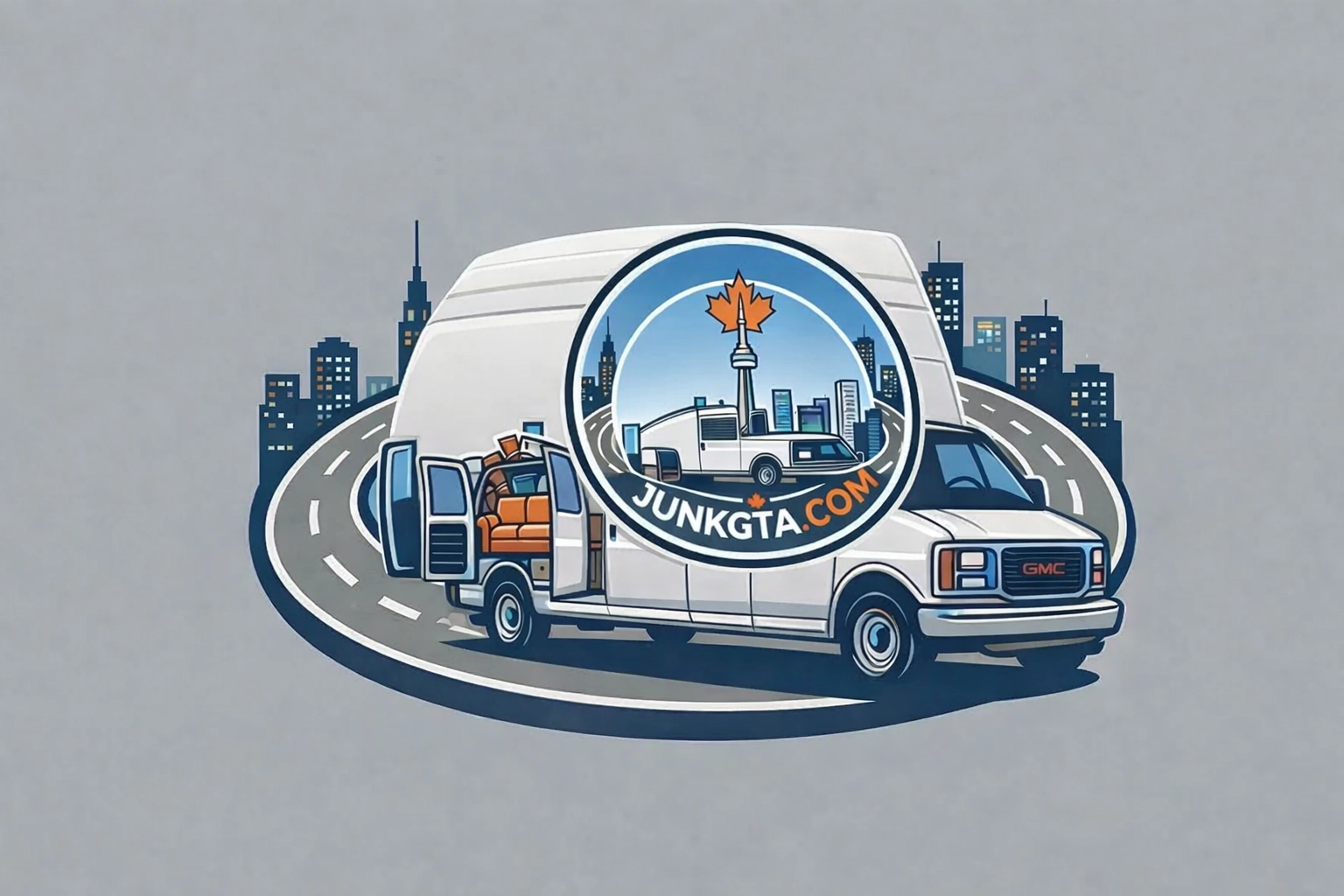 A branded cargo van filled with junk items, including a couch and boxes, parked against a stylized Toronto skyline.