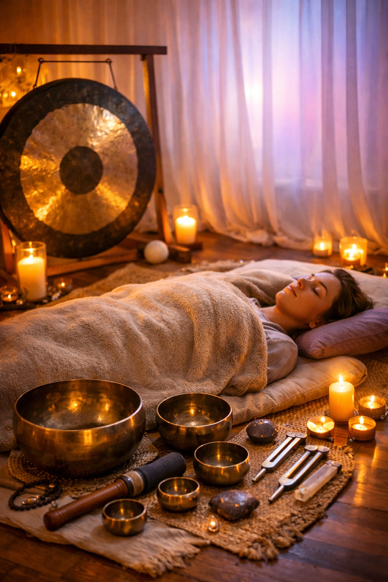 Peaceful sound healing session space with singing bowls, gong, and meditation mat