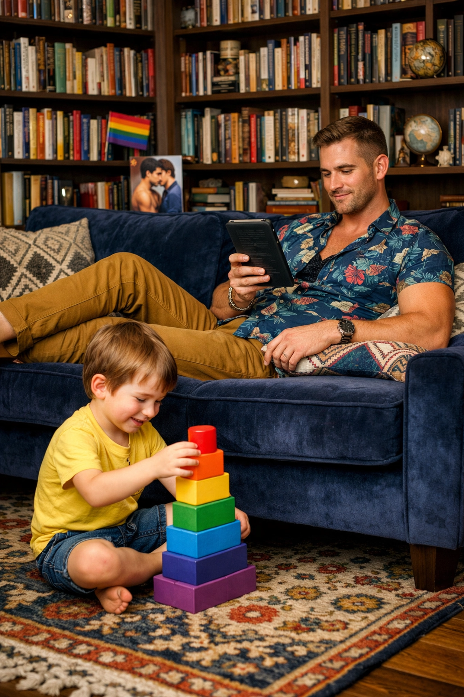 A gay man reading MM romance books near his child playing with rainbow blocks in a cozy, authentic home.